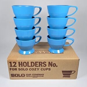 Vintage SOLO Cozy Cup Holders Blue Plastic Stackable 8 Original Box Retro MCM